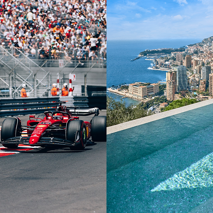 Split image of the Monaco Grand Prix and a suite at The Maybourne Riviera